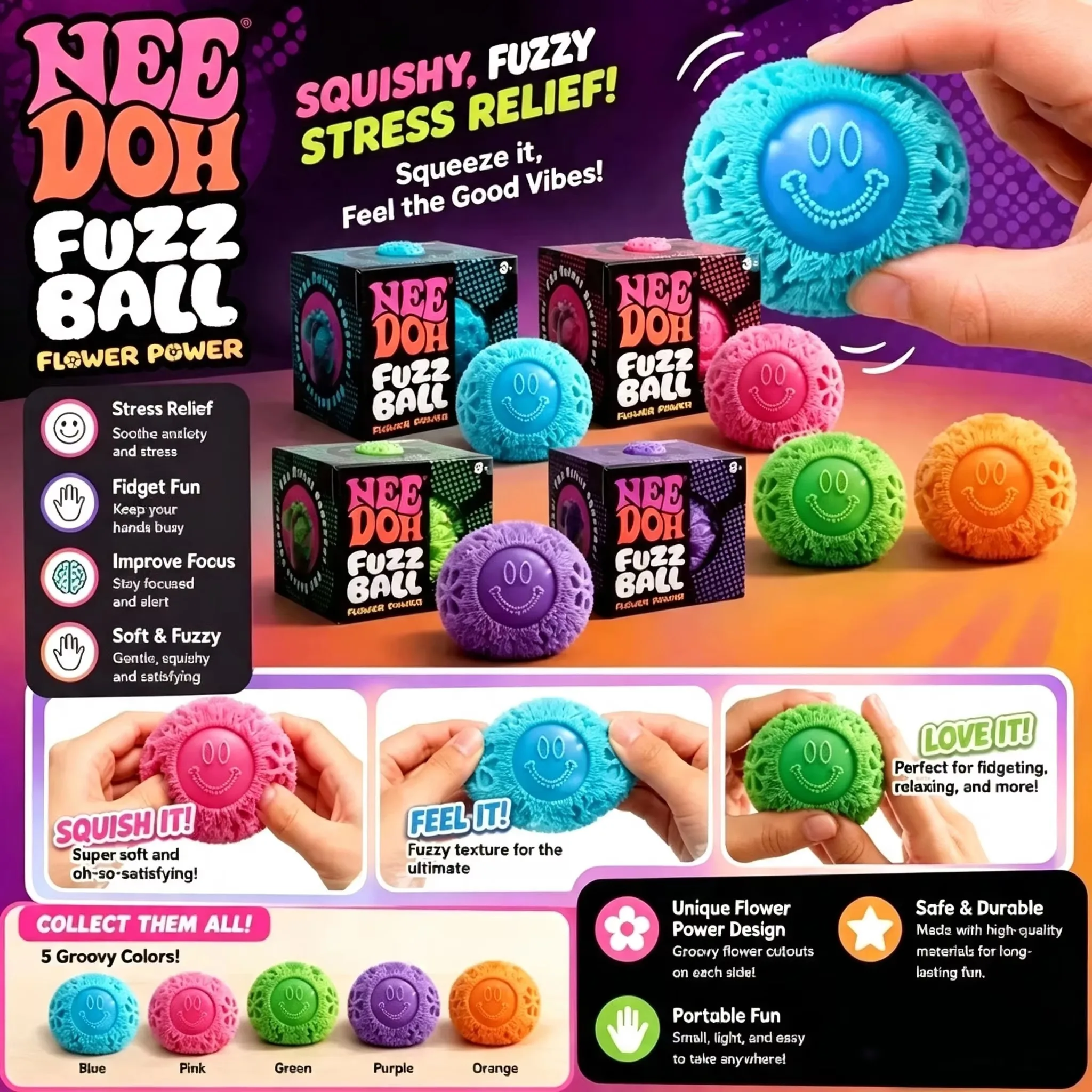 NeeDoh Fuzz Ball Wonder Waves Textured Fidget Toy Sensory Squeeze Ball Stress Relief Toy for Kids Adults Anxiety Relief`