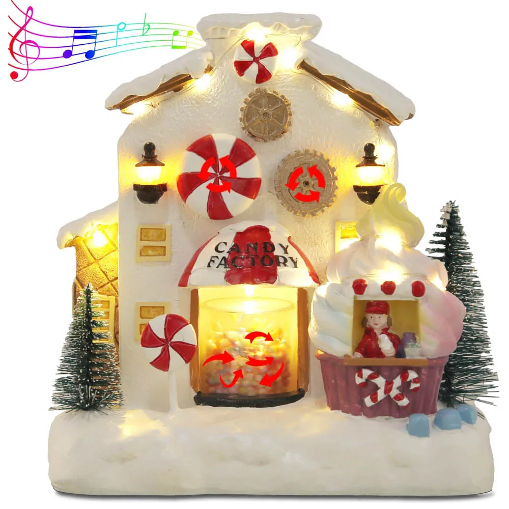 Christmas Animated Gingerbread House Decoration,Collectible Buildings Figurines Candy Factory Ornament for Home Fireplace Desk D