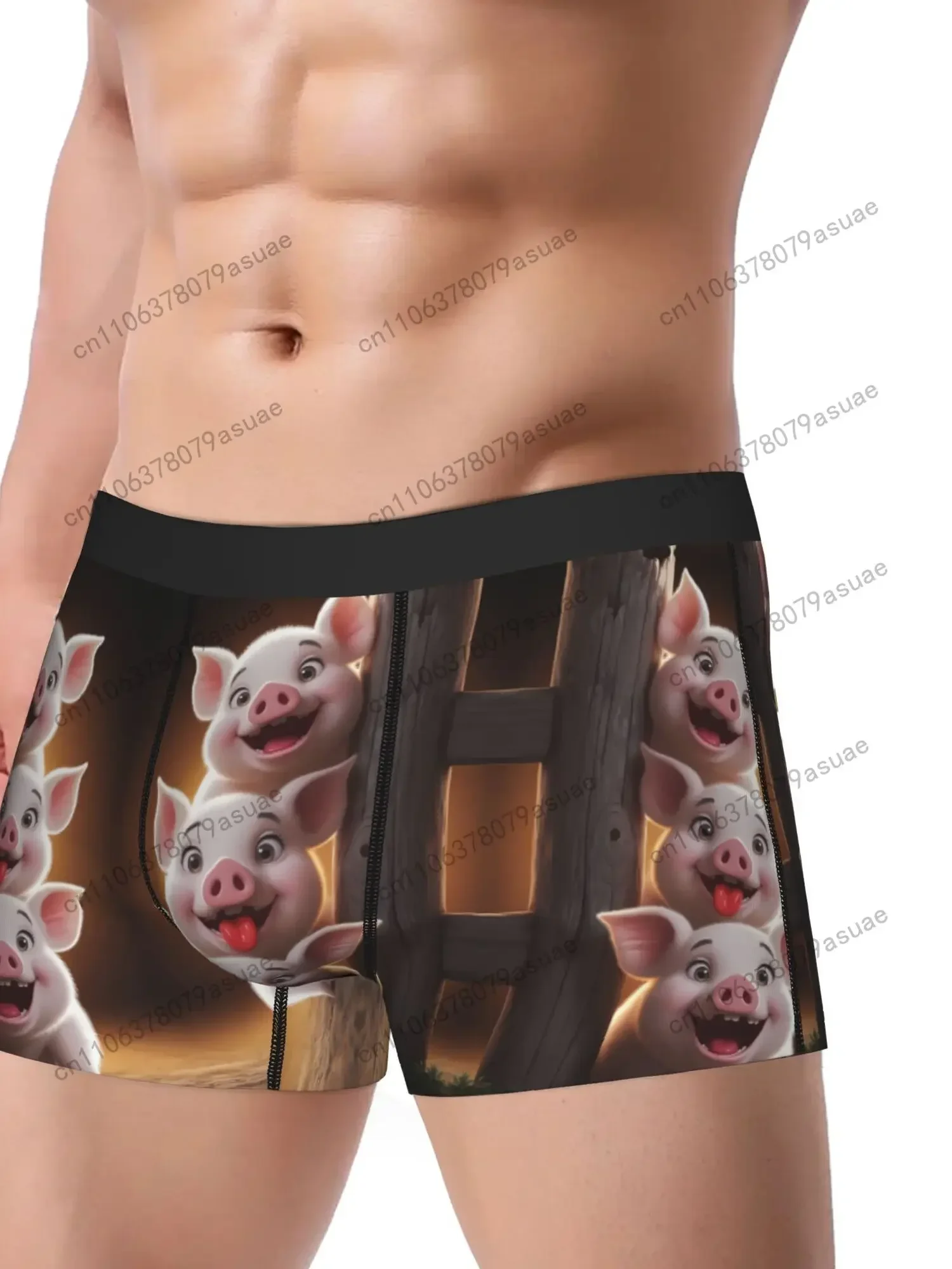 Men'S Pig Print Boxer Briefs Stretchy Comfort Fit with Playful Cartoon Pig Design, Black Underwear for Casual Attire, Black