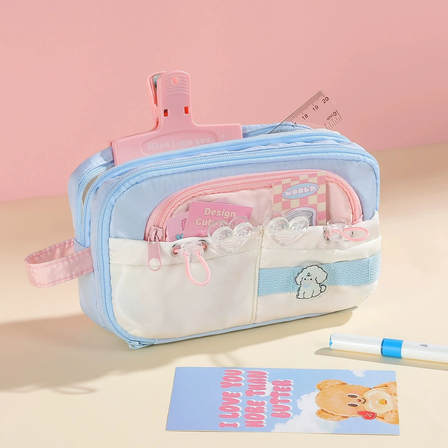 Pink Canvas Pencil Case Bag School Supplies Gift Light Blue Pen Holder Ruler Pouch Korean Style Pen Box for Students