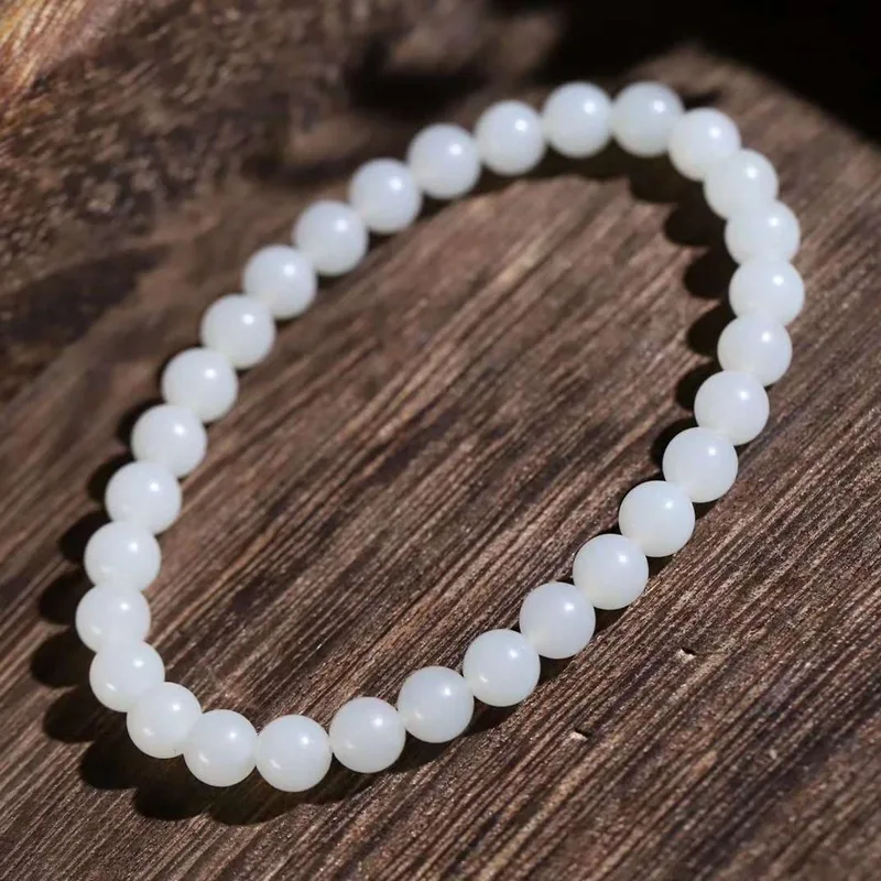 Natural Hetian Supply Chain Midas Material Sheep Fat Grade White Round Jade Smooth Beads Bracelet