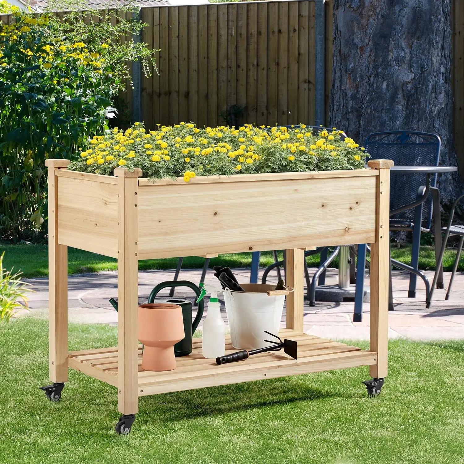 42x23x33in Wooden Raised Garden Bed with Wheels Horticulture Flower Planter Boxes Elevated Vegetables Growing Bed for Grow Herbs and Vegetables