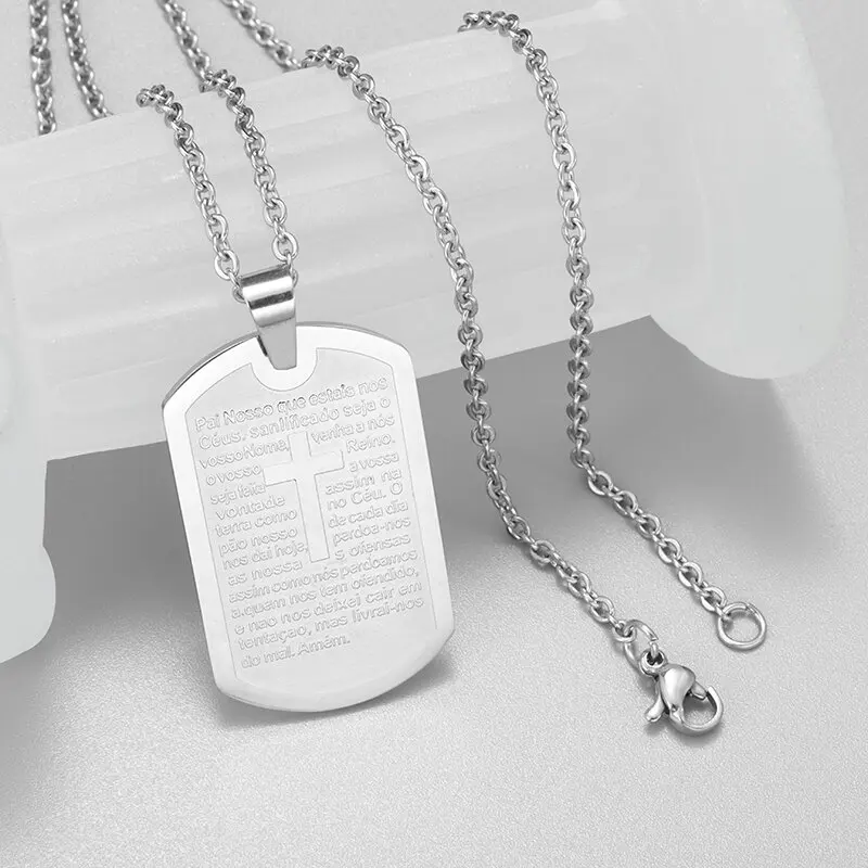 Stainless Steel Bible Verse Dog Tag Cross Pendant Men Women Boys Lord\'s Prayer Necklace Religious Amulet Jewelry Gift