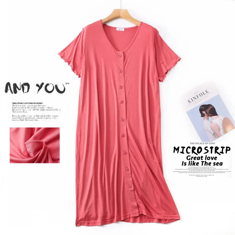 Summer Short-sleeved Mid-length Sleep Tops Night Dress with Button for Women Sleepwear Viscose Cardigan Plus Size Sleep Dress