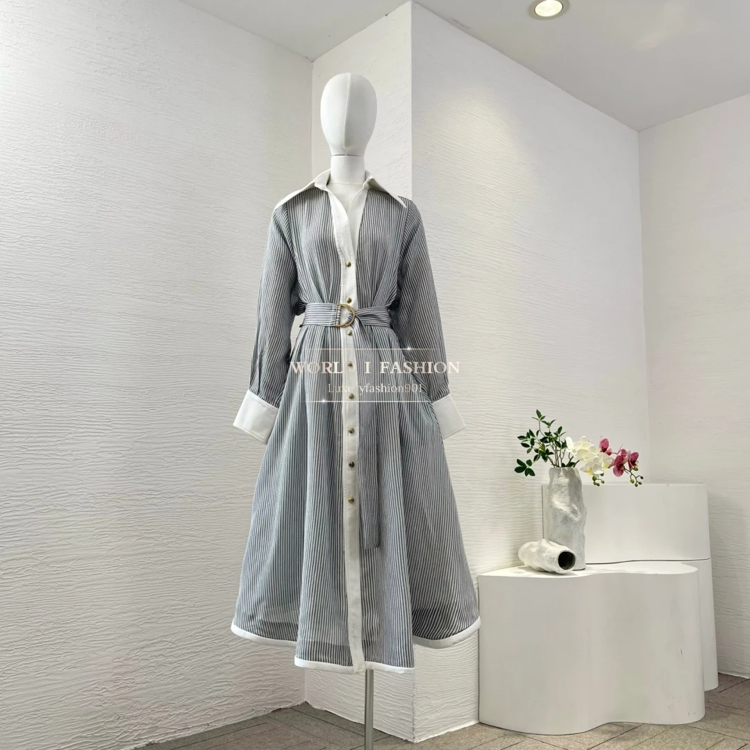 

2025 New High Quality Women Classic Stripe Belted Full Sleeve Summer Autumn Cotton Silk Midi Dress