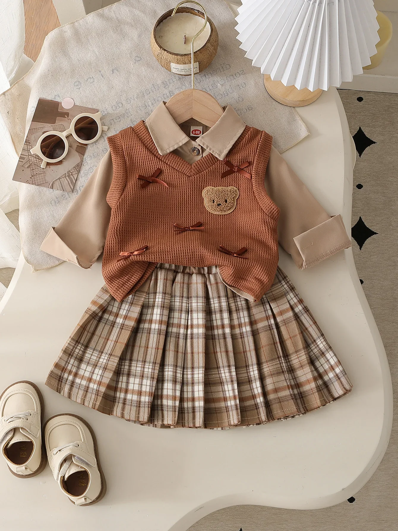 Baby Girls 6 9 12 18 24 36 Months Clothing Sets Cute Style Knit Vest + Shirt + Plaid Pleated Skirt 3pcs Baby Suits Kids Clothes
