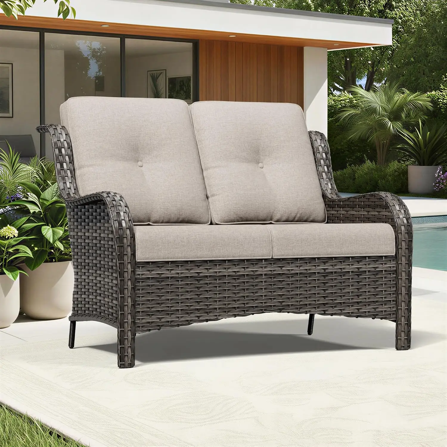 Outdoor Wicker Loveseat High Back Deep Seating Wide Armrest Thickened Cushions Deck Porch Patio Furniture, Customized