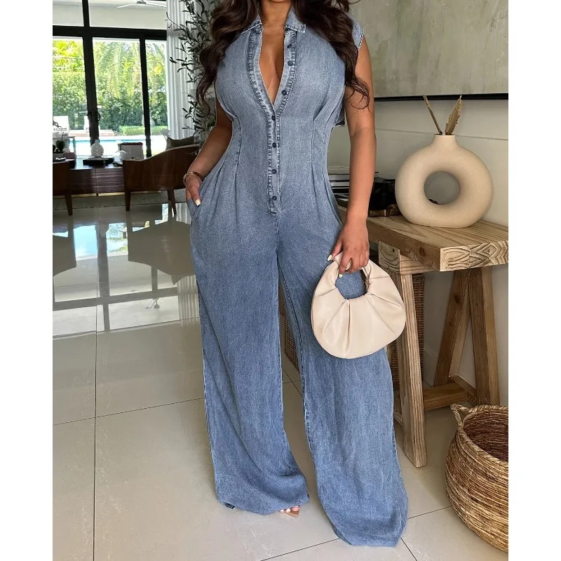

Wide Leg Jeans Loose Jumpsuit Women Summer 2026 New Sexy Turn Down Collar Elegant Denim Sleeveless Casual Romper Overalls