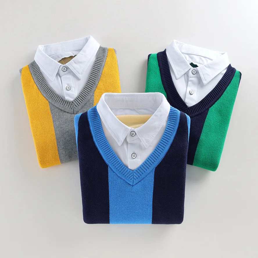 Boys Winter Sweaters 2022 New Kids Shirt-Collar Pure Cotton Striped Knitwear Children\'s Thicken Warm Pullovers Can Match Velvet