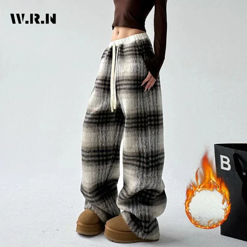 

Casual Plaid Print High Waist Wide Leg Thicken Elastic Waist Pants Women's Drawstring Fashion Loose Fit Full Length Trousers