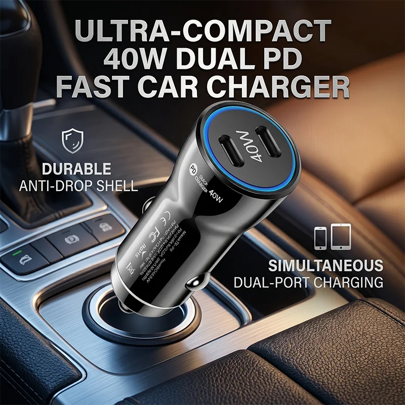

40W Dual Port PD Car Charger Adapter Stable Current Fast Charging Multi Protection For Phones Tablets Cams For iPhone 17 Pro MAX