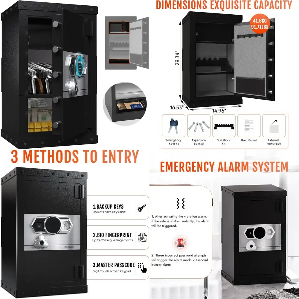 Biometric Fingerprint Heavy Duty 91 LB Home Safe with Removable Shelves, Pistol Rack, Fireproof Security Safe for Valuables