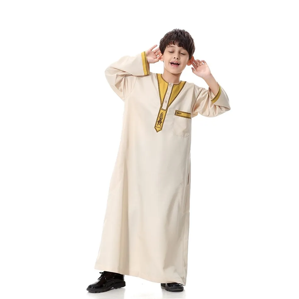 Teens Thobe Kids Arab Folk Outfit Children 5-12 Years Solid Color Clothes Boys Long Sleeve Ramadan Thawb Summer Muslim Robe