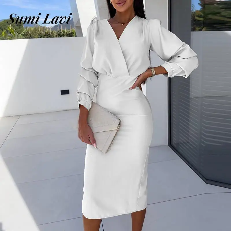 

2024 Fashion Draped Slim Solid Party Dress Sexy Deep V-neck Long Sleeve Hip Wrap Dress Office Elegant Commuter Hight Waist Dress