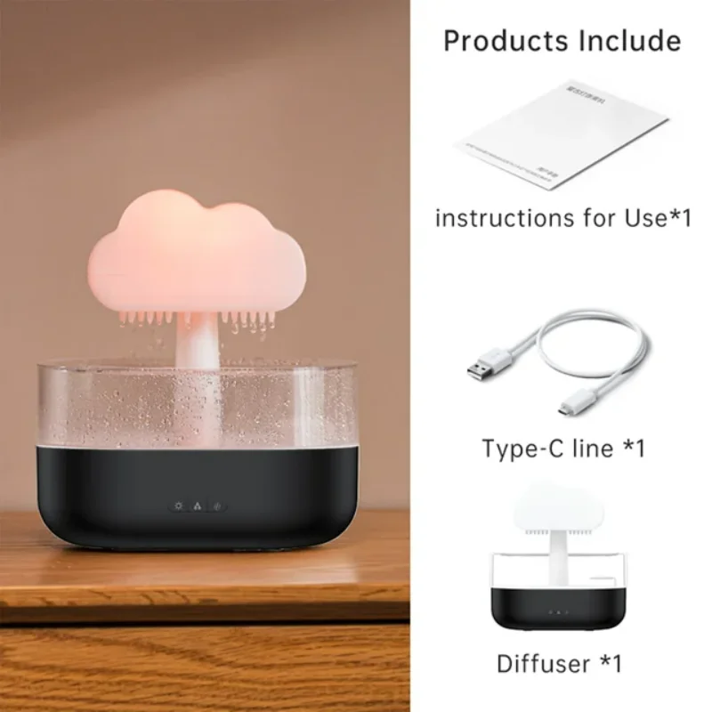 

Rain Cloud Humidifier 200ML Essential Oils Diffuser With Drops And Colorful Night Light Mushroom Humidifier