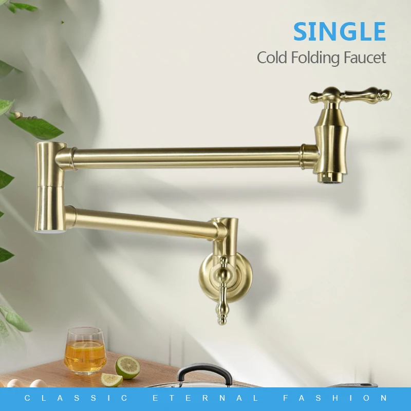 

Wall Mount Pot Filler Faucet Kitchen Pot Faucet with Dual Joint Swing Arm Brass Folding Stretchable Kitchen Faucet, Brushed Gold