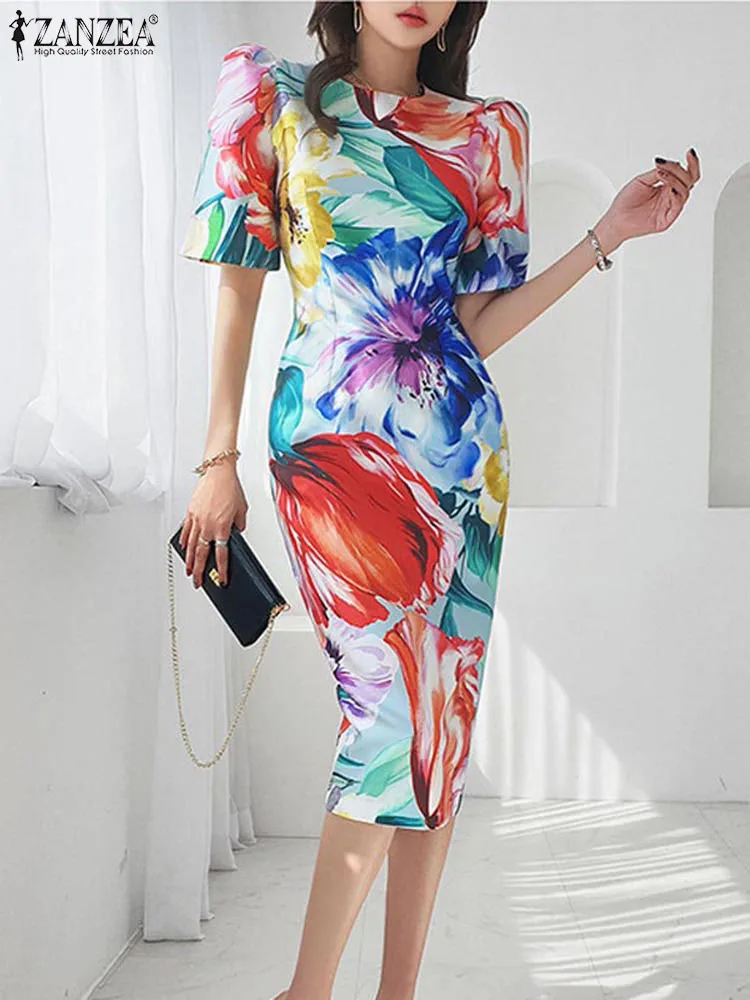 ZANZEA Women Short Puff Sleeve Sundress Bohemian Floral Print Midi Dresses Sexy Round Neck Holiday Waisted Slim Robe Oversized