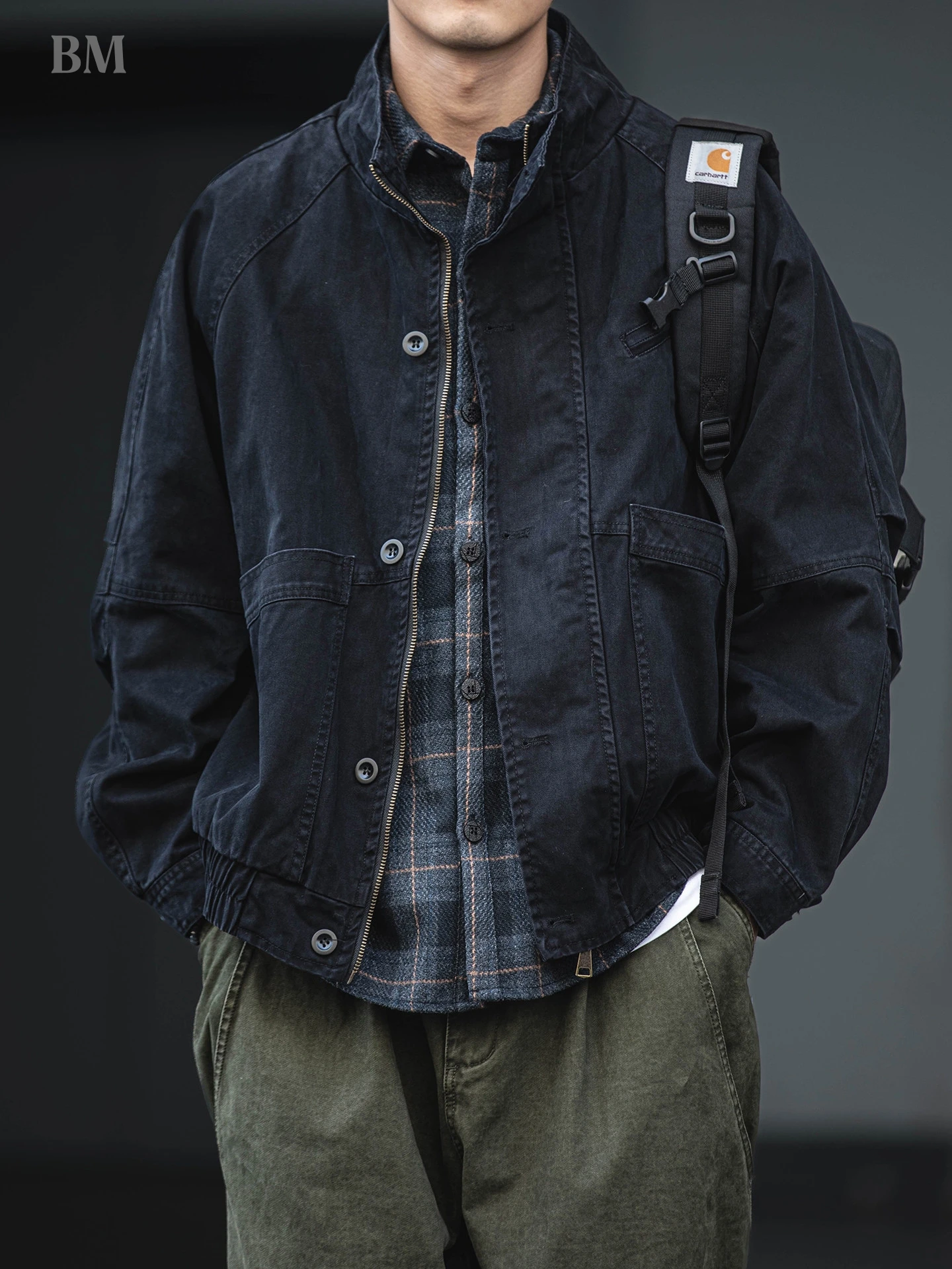 Oversized Vintage Washed Utility Workwear Jacket Men Loose Fit Retro American Style Stand Collar Cotton Casual Jacket Streetwear