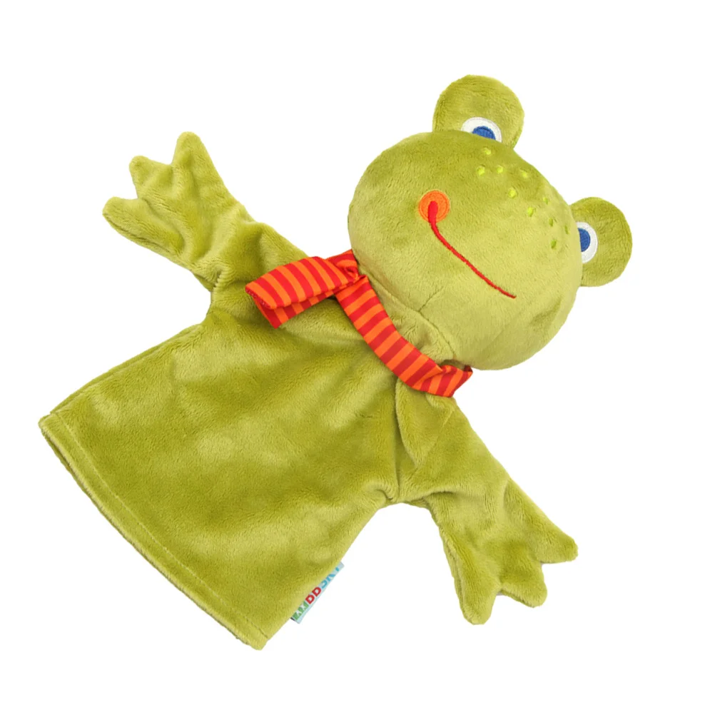 Marioneta de mano de animales de dibujos animados para niños, Material de terciopelo de cristal suave de rana, guante interactivo cómodo, juguete de marionetas
