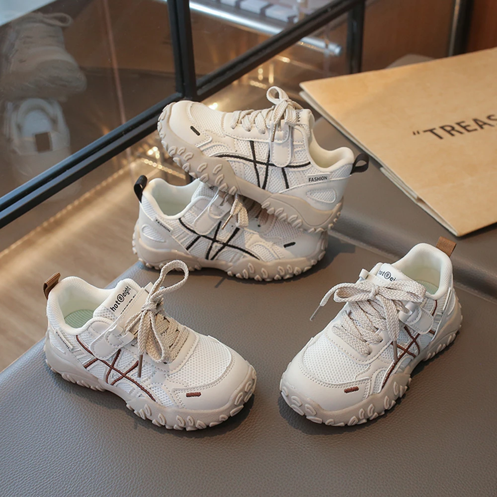 Kids Mesh Athletic Sneakers Dual Lace & Strap Closure Stitch Decor Rugged Anti-slip Cushion Sole Boys Girls Daily Trainers