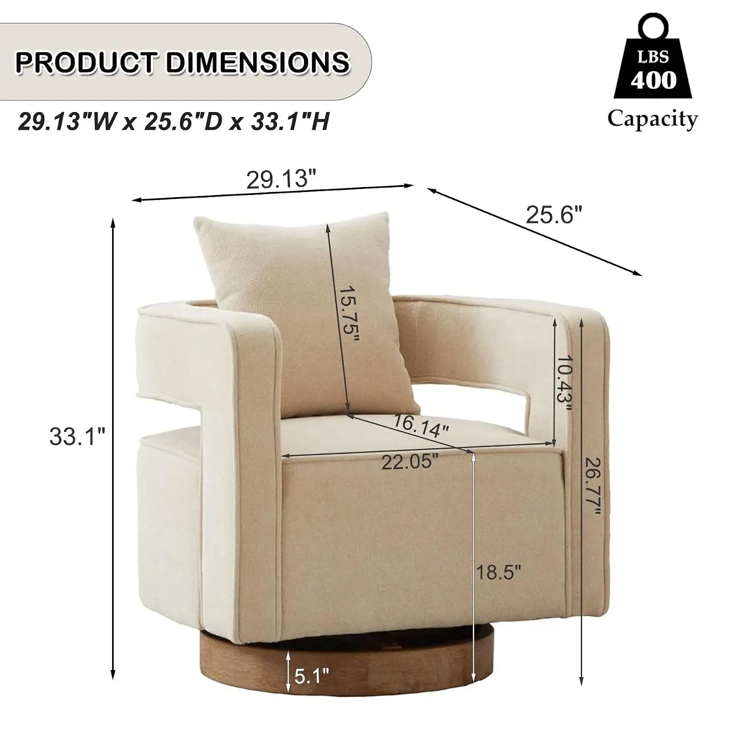 Swivel Barrel Chair, 360° Comfy Square Open Back Upholstered Armchair for Living Room Bedroom Reading, Linen Beige, Customized