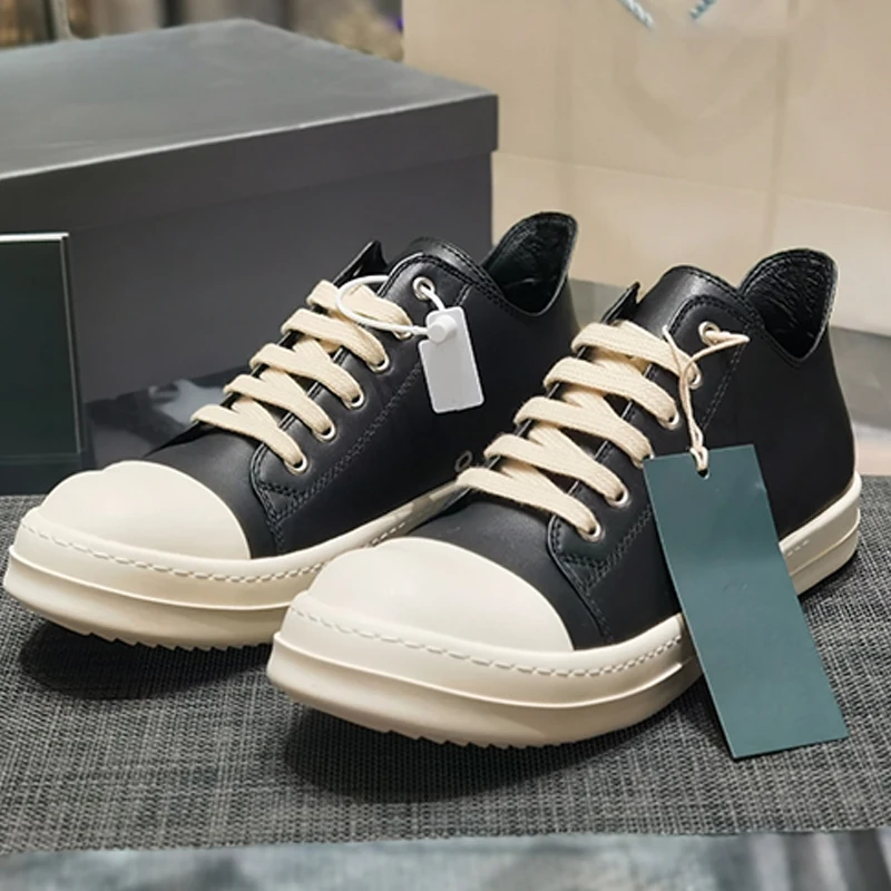 

Men's Casual Shoes Lace-up Women's Sneakers Black Solid Leather Summer Shoes for Men Owens Couple Shoes