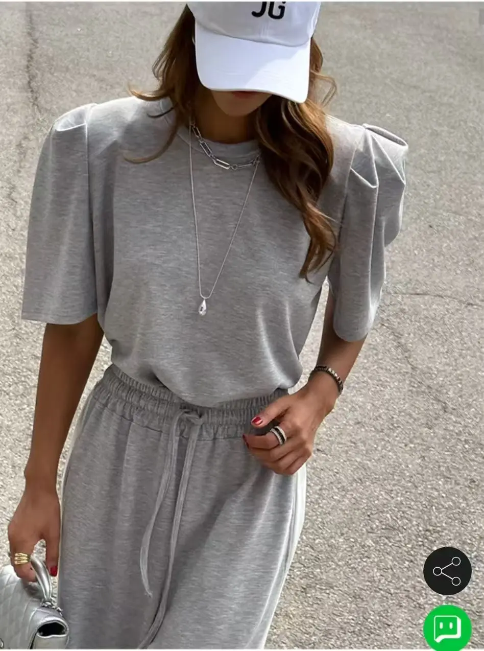 Women's Bubble Sleeve T-Shirt Top with Elastic Waist Wide Leg Pants Set round Neck Loose Fit Slimming Color Block Casual Outfit