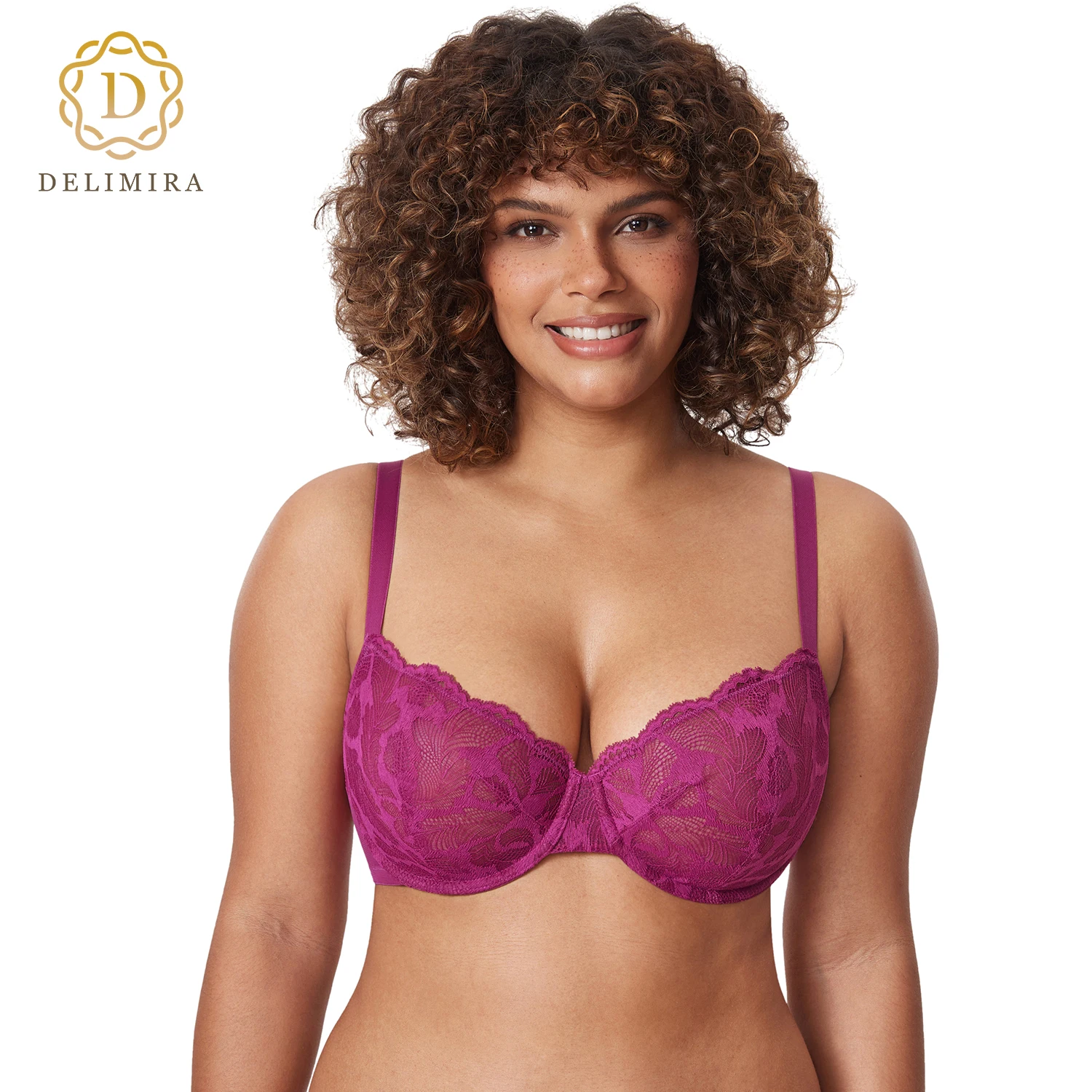 DELIMIRA Women's Balconette Bra Push Up Plus Size Lace Sexy See Through Unlined Underwire Bras