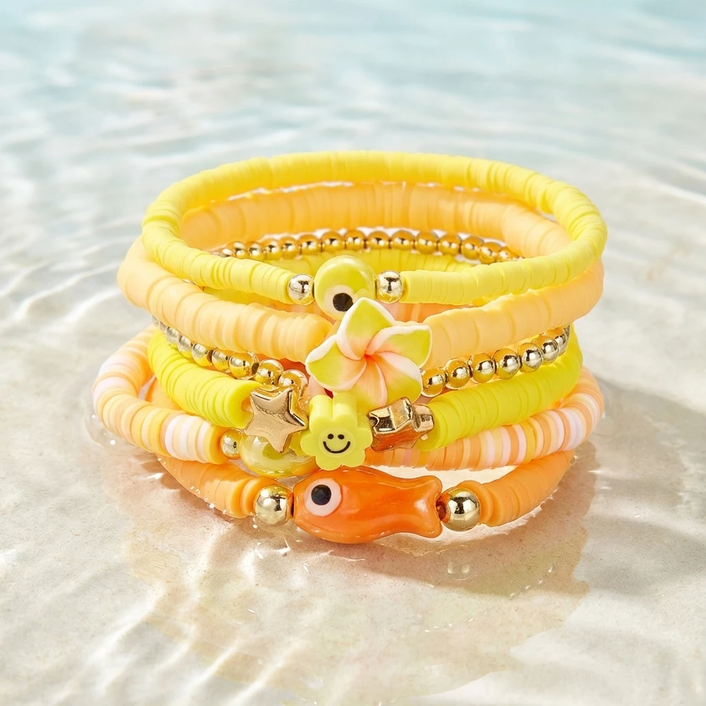 2 Pcs/Set Multicolor Polymer Clay Beads Bracelets for Women Bohemian Flower Charm Elastic Chain Set Summer Jewelry Vacation Gift view 6