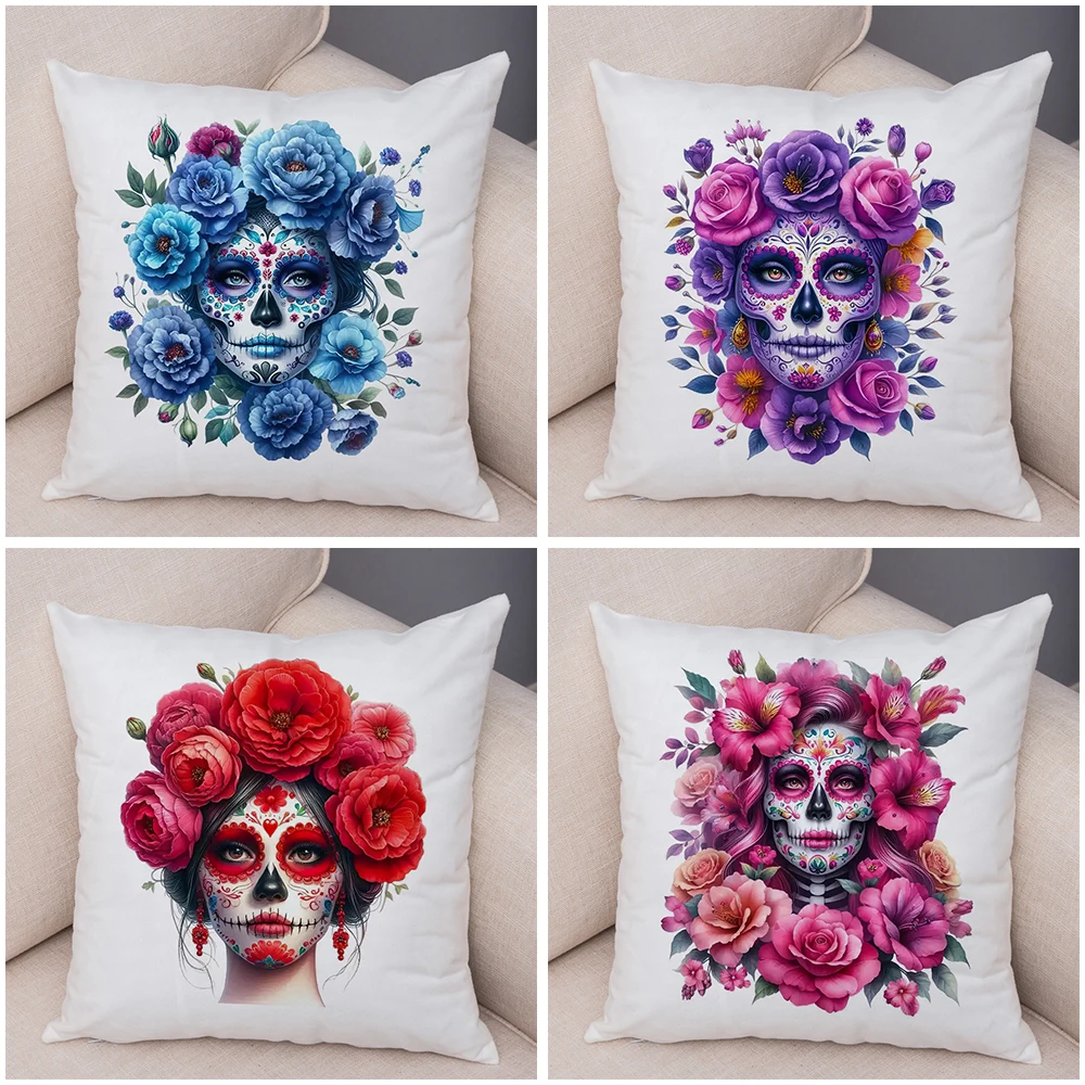 Vibrant Dahlia Sugar Skull Pillowcase Double Print Red Rose Skull Cushion Cover Soft Plush Pastel Floral Skull Pillowe Case