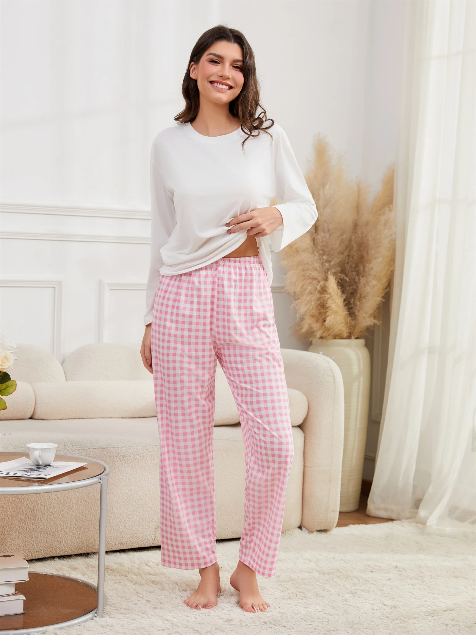 

5180 Spring and Autum Plaid Pure Color Long-Sleeved Pants Casual Loose Women's Pajamas Set New High-End Round Neck Plain Versatile Simple Women's Home Wear Two-Piece Suit