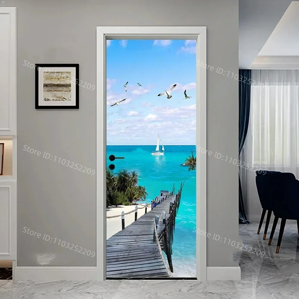 Sea View Beach 3D Door Mural sticker Self Adhesive Pvc Blue Sky summer Landscape Door Sticker Wallpaper fridge full Door Cover