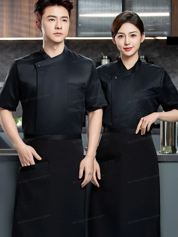 夏白半袖シェフ制服通気性キッチン制服シェフジャケット男性シェフコートエプロン作業服ロゴレストラン