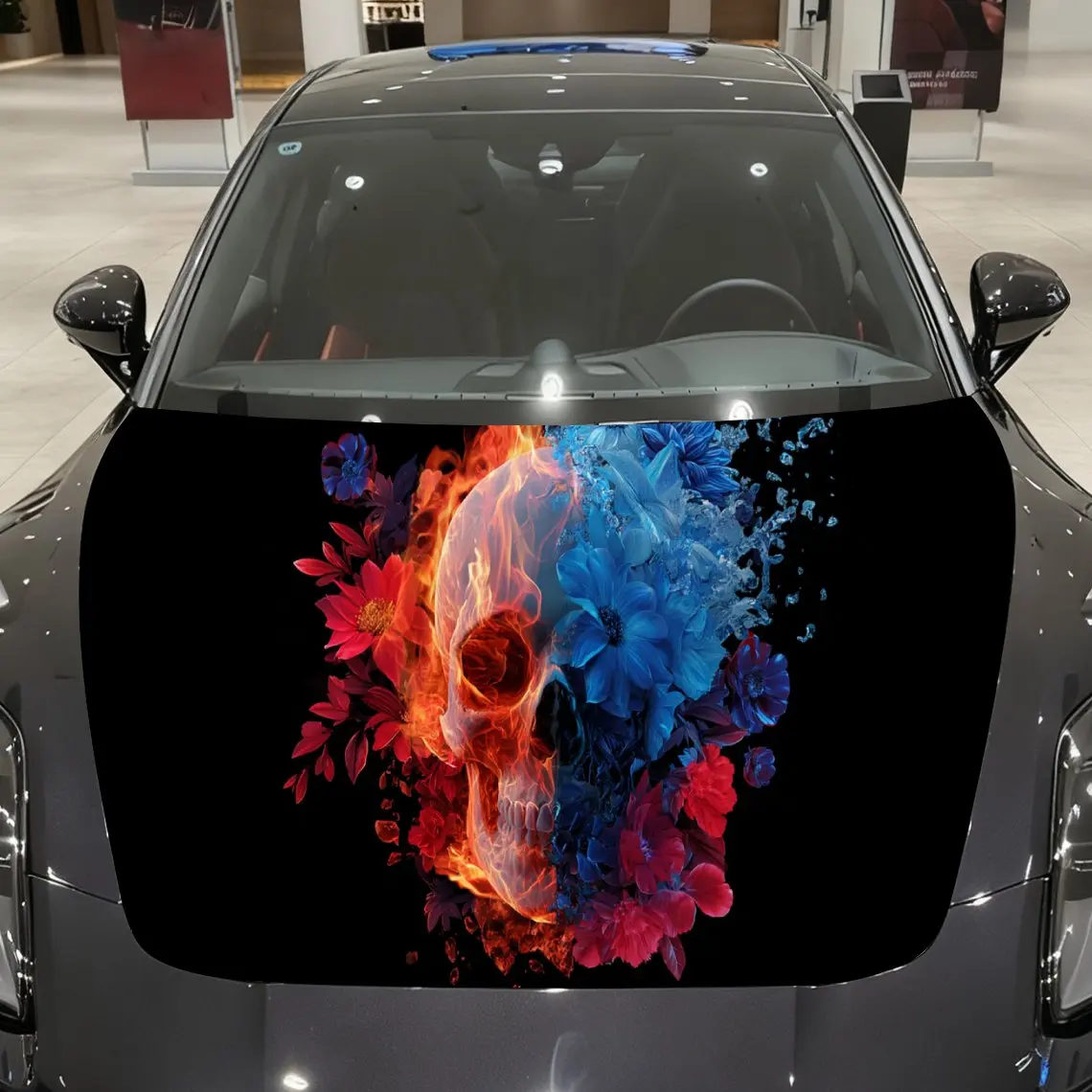 Dark Flame & Floral Skull Car Cover Sticker, Auto Hood Decal, Car Exterior Scratch Resistant Decal, Trendy Gift for Car Lovers,