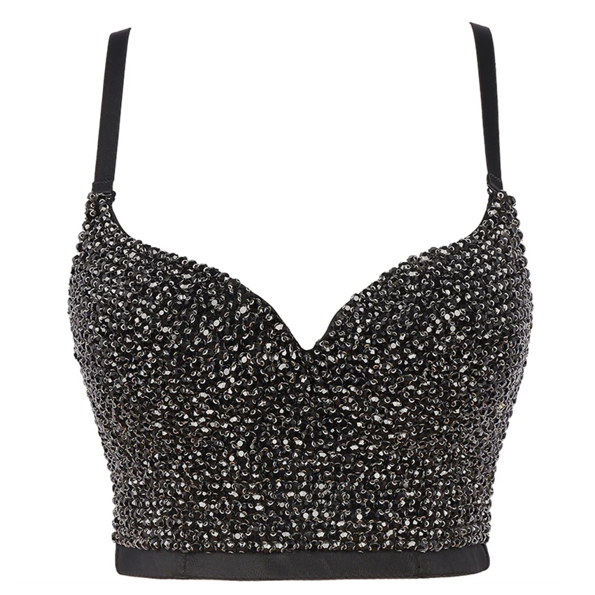 

Fashion Women Beading Tops Sexy Push Up Bralet Top Thin Straps Bustier Bra Cropped Top Vest