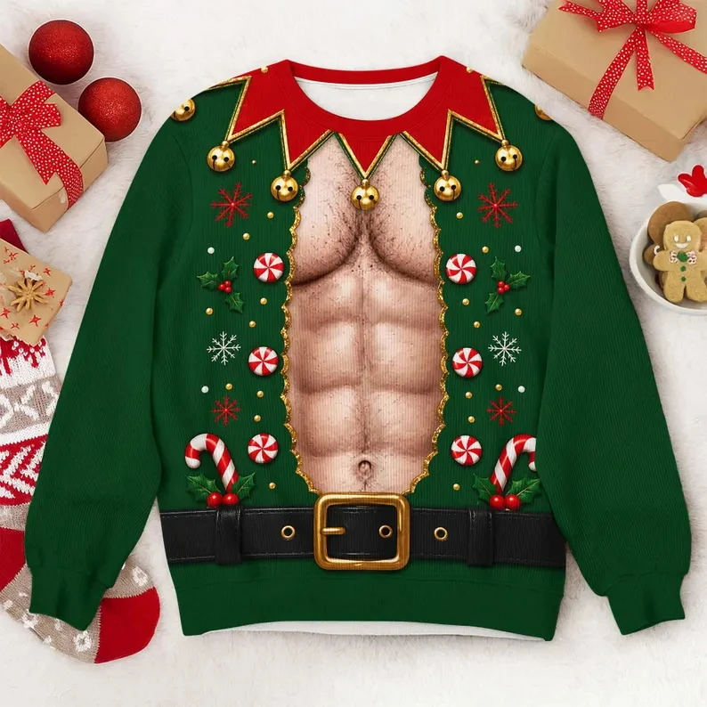 2026 New Plaid Fake Muscle Chest 3D Print Ugly Christmas Sweater Funny Xmas Long Sleeve Pullover Unisex Winter Holiday Men Tops
