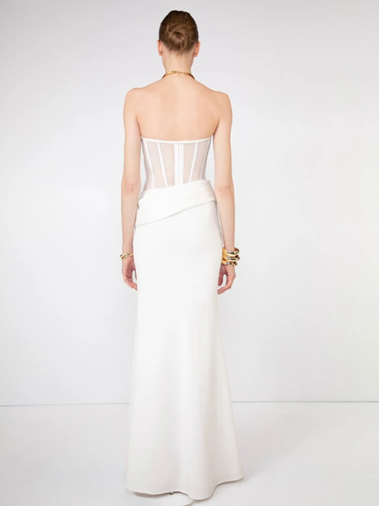 VC Elegante vestido de novia sencillo con corsé blanco – Vestido largo sin tirantes con corpiño transparente para mujer Vestido de compromiso minimalista moderno