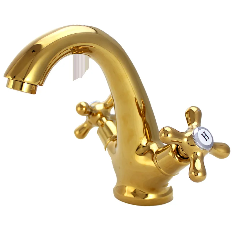 

European style brass gold bathroom double handle single hole hot and cold countertop basin antique basin faucet