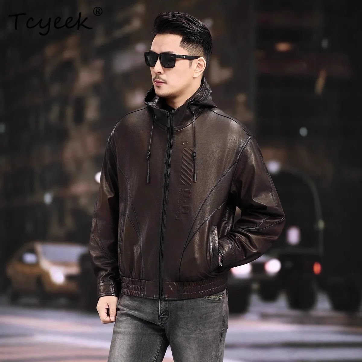 Tcyeek Real Leather Jacket Men Clothing Oil Wax Autumn Mens Coats Hoodie Sheepskin Motocycle Jackets Trendy Jaqueta De Couro