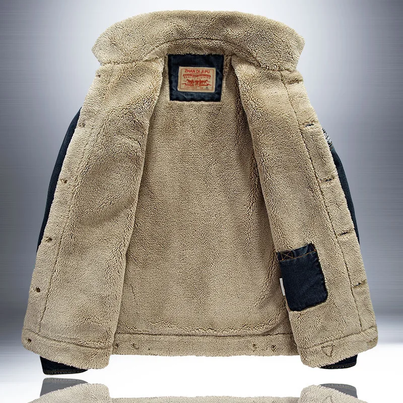 Men's Large-Sized Fleece Lined Thickened Denim Jacket Casual Winter Outerwear Fashionable Coats Trendy Clothing