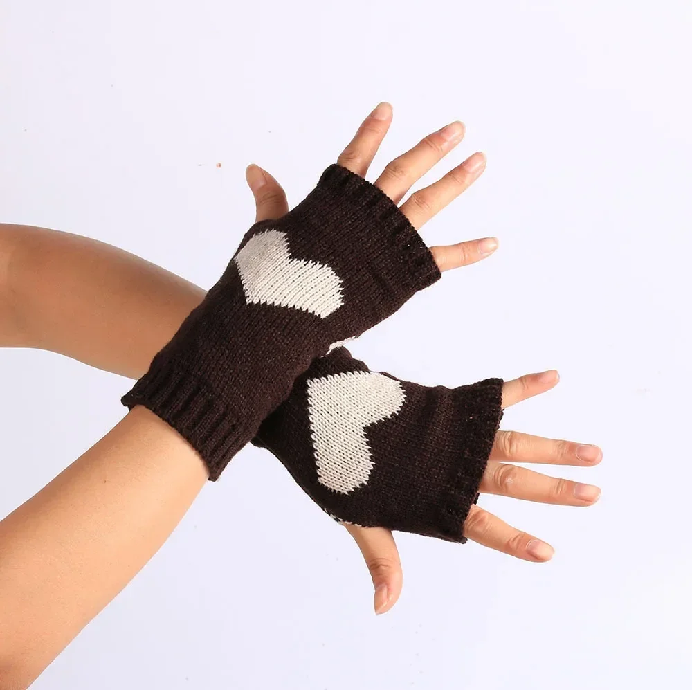 Winter Warmer Love Heart Pattern Gloves Women Knitted Fingerless Soft Warm Wool Knitting Casual Arm Sleeve Glove for Girls Boys