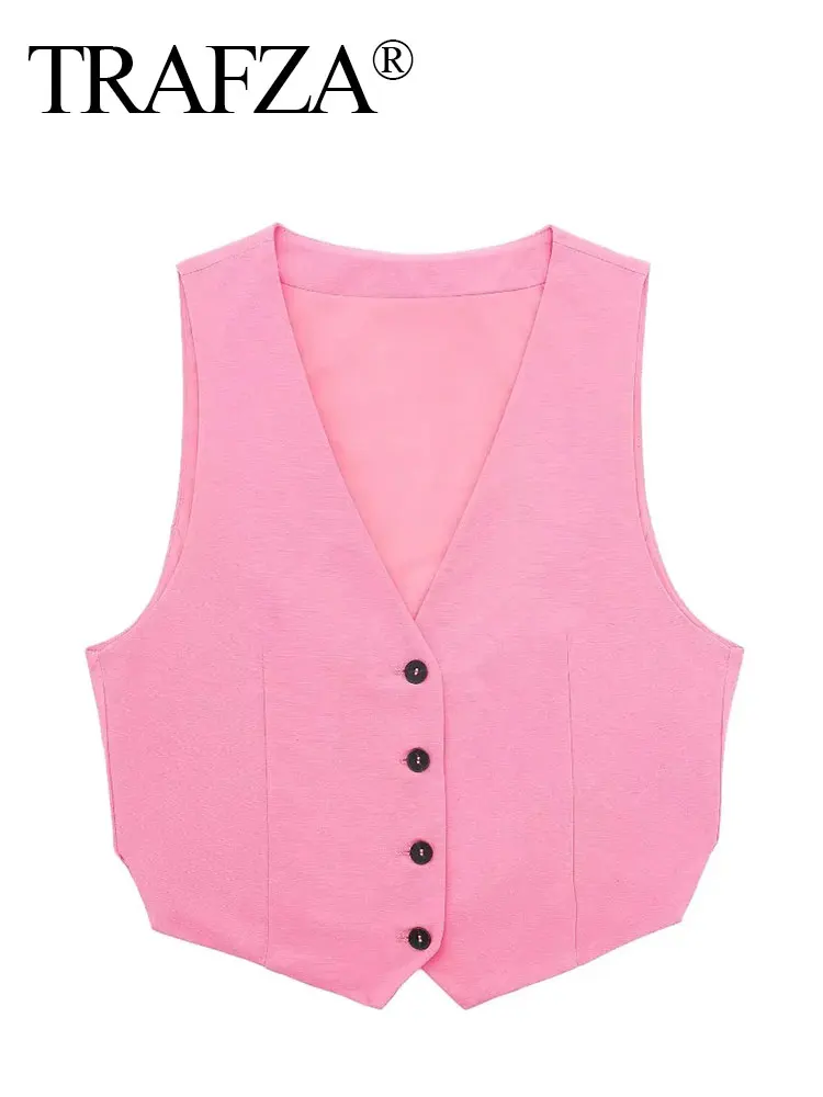 TRAFZA Women Elegant Solid Vests Slit Single Breasted Sleeveless Waistcoat Slim Cropped Top Summer Fashion Streetwear Vest