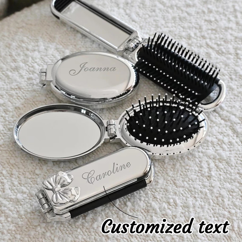 Engraved Name Foldable Air Cushion Hair Brush, Mini Integrated Mirror Portable Massage Comb, ideal gift for her Travel Daily Use