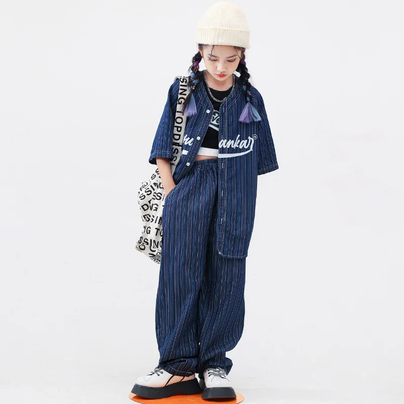 Modern Children Costume Hip Hop Clothes For Girls Denim Shirt Pants Boys Street Dance Jazz Performance Loose Stage Wear BL9853