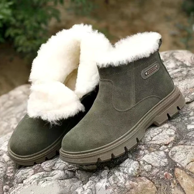 Luxury Cowhide Snow-proof Boots Winter Warm Fur Wool Men Shoes Fashion Side Zipper Shoe Anti-skid Outdoor Hiking Walking Boot