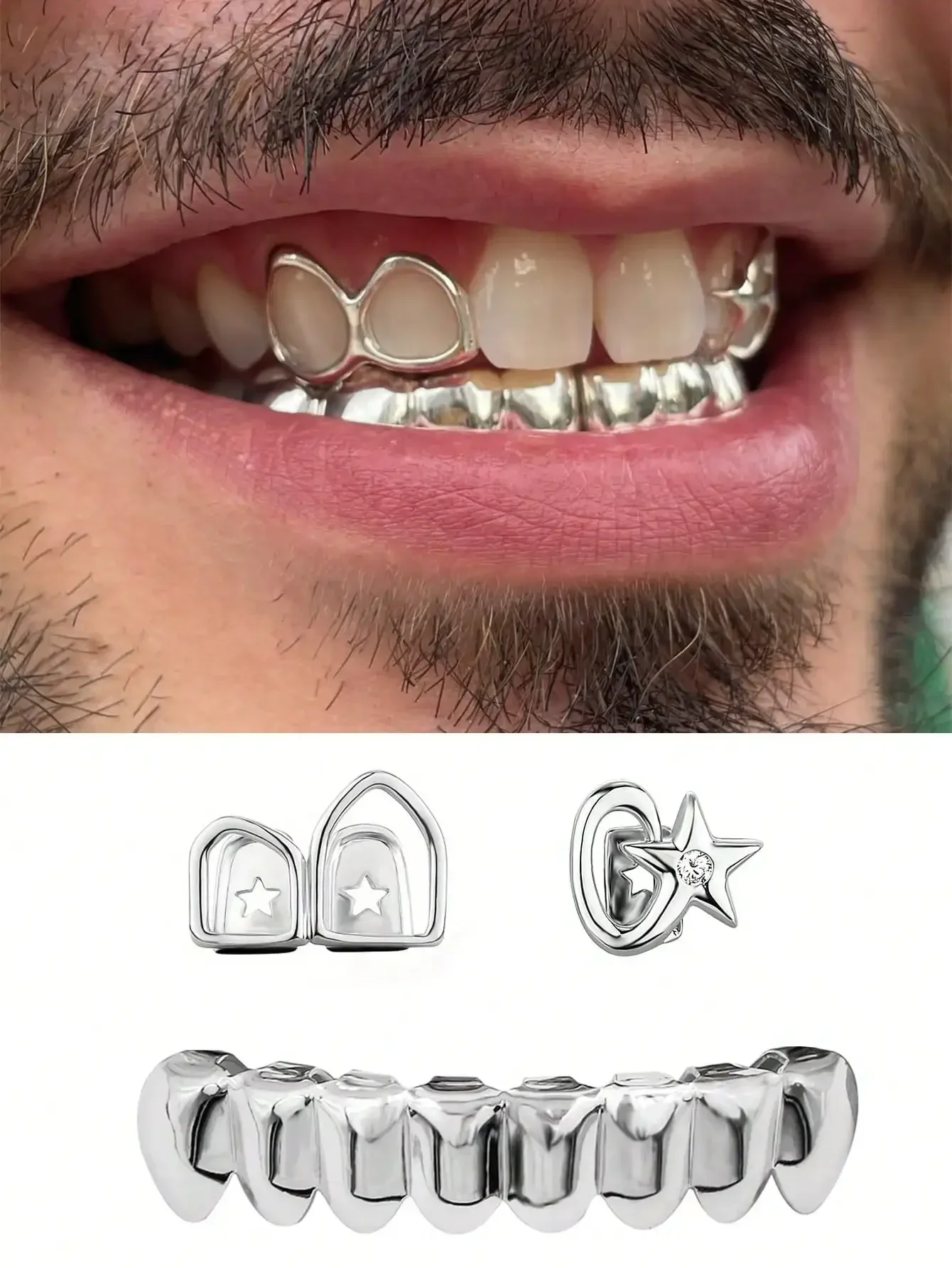 

1 Set Hollow Four-Pointed Star With Zirconia Stone Hip Hop Tooth Jewelry, Fashion Party Holiday Decoration Unisex
