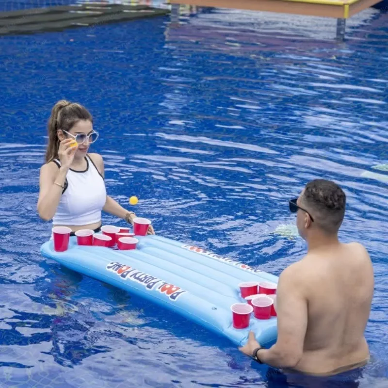 Inflatable Beer Pong Table Game with Floating Raft, Water Pool Party Entertainment & Ice Tank