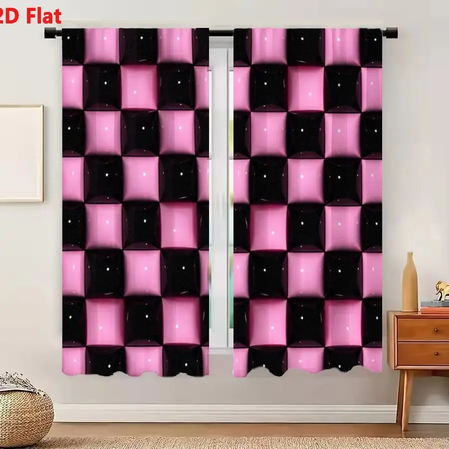 2Pcs Curtains 2D Flat Pink And Black Square Tile Pattern With White Dots In Pink Tiles Glossy Reflective Abstract Decorative Des