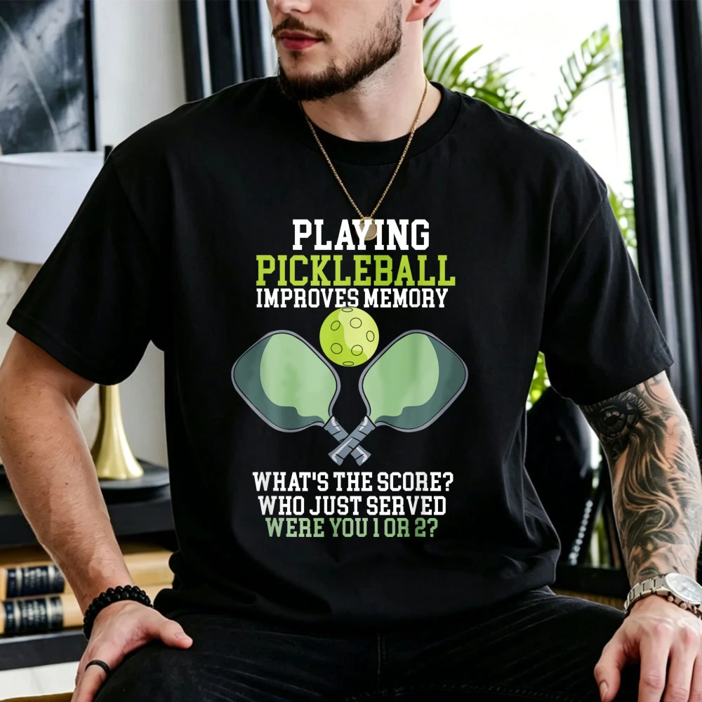 Playing Pickleball Improves Memory Cross Green Paddle Yellow Ball Graphic Cotton T-Shirt Unisex Funny Slogan Sports Lover Tops