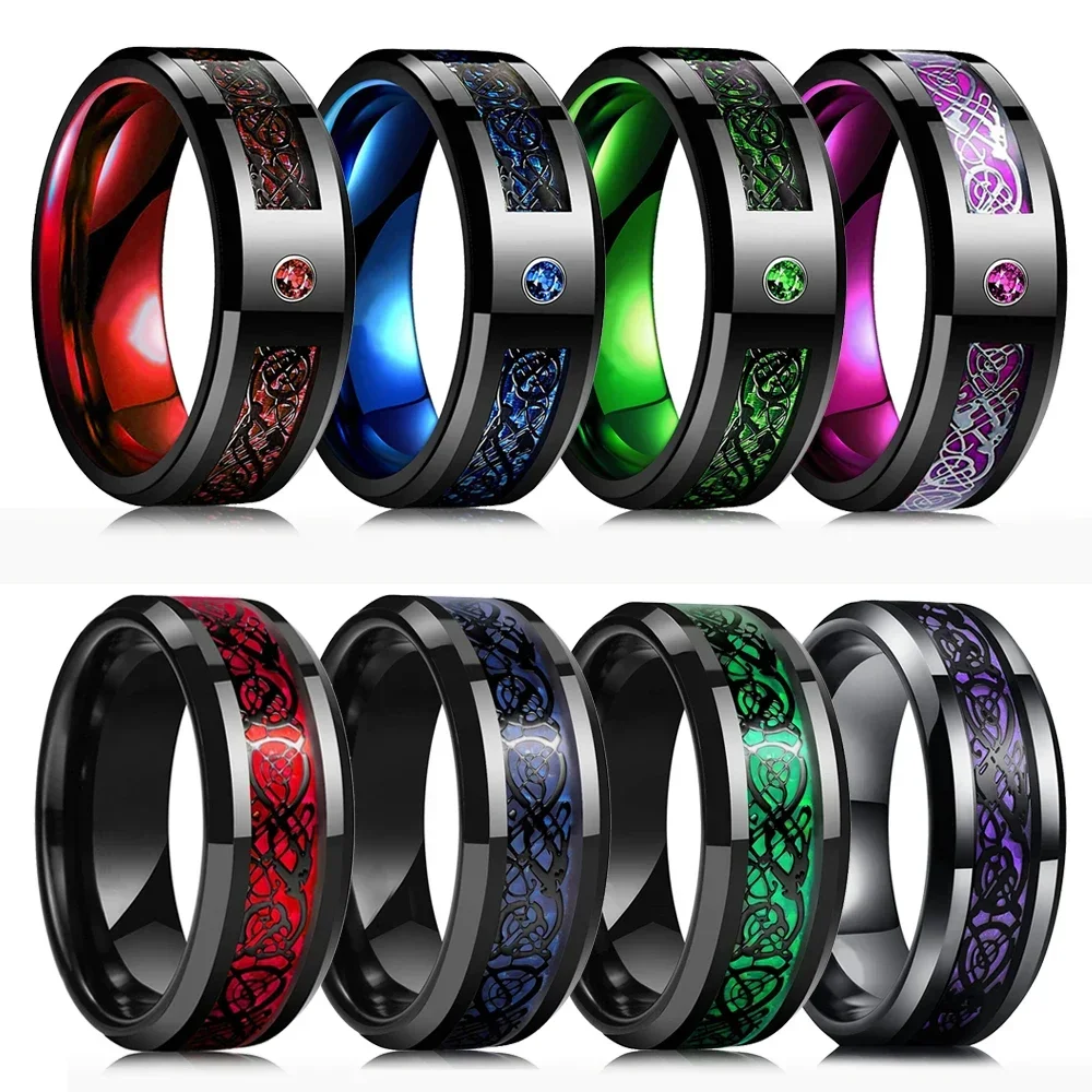 Fashion Men's 8mm Black Tungsten Wedding Celtic Dragon Rings Inlaid Blue Zircon Stainless Steel Red Carbon Fibre Ring For Men